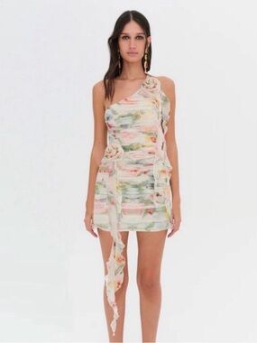 For Love & Lemons One-Shoulder Pastel Floral Ruffle Mini Dress